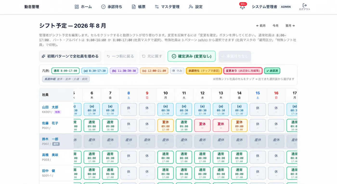 介護業向けに開発した勤怠システムのシフト予定画面