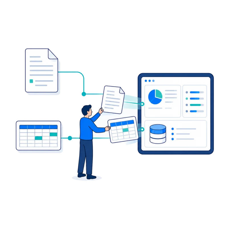 紙の書類やExcelの表が、ひとつの業務システムにまとまるイメージ